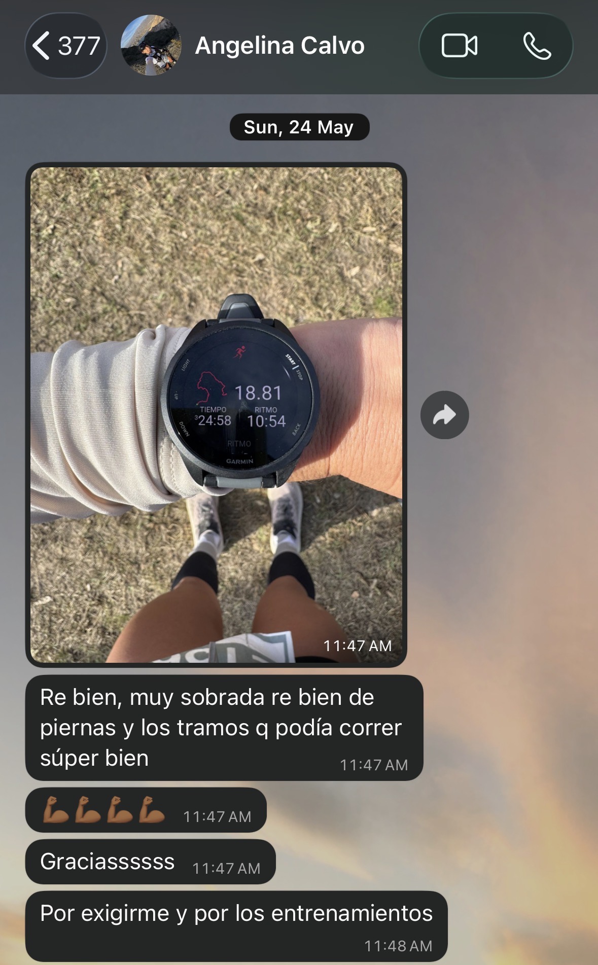 Angelina: corrió 18.81 km — 'muy sobrada, los tramos que podía correr súper bien. gracias por exigirme y por los entrenamientos'